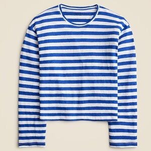 J. Crew Striped Long Sleeve boxy Cropped Linen Striped Tshirt